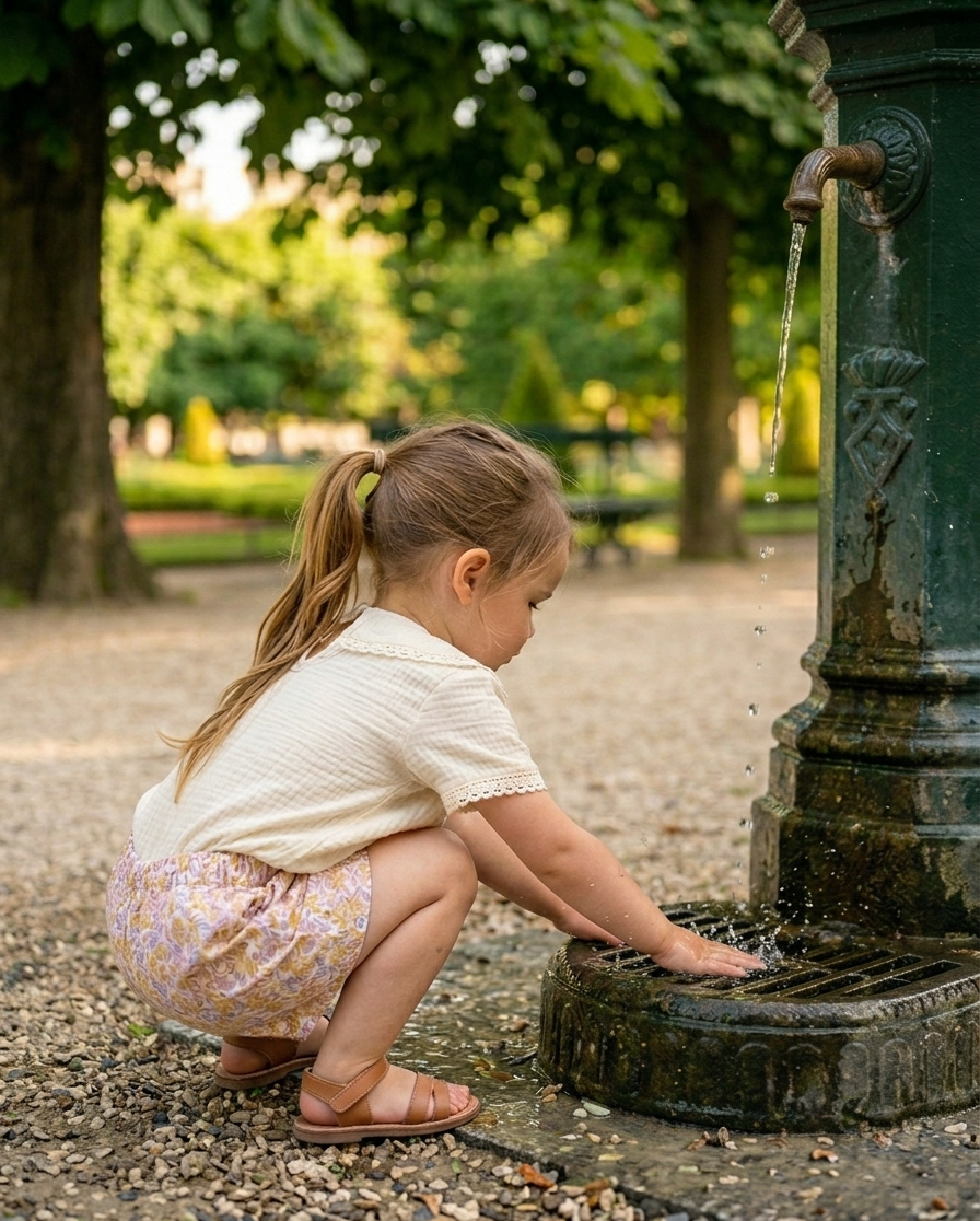 Child playing with water from an old-fashioned fountain in a park.