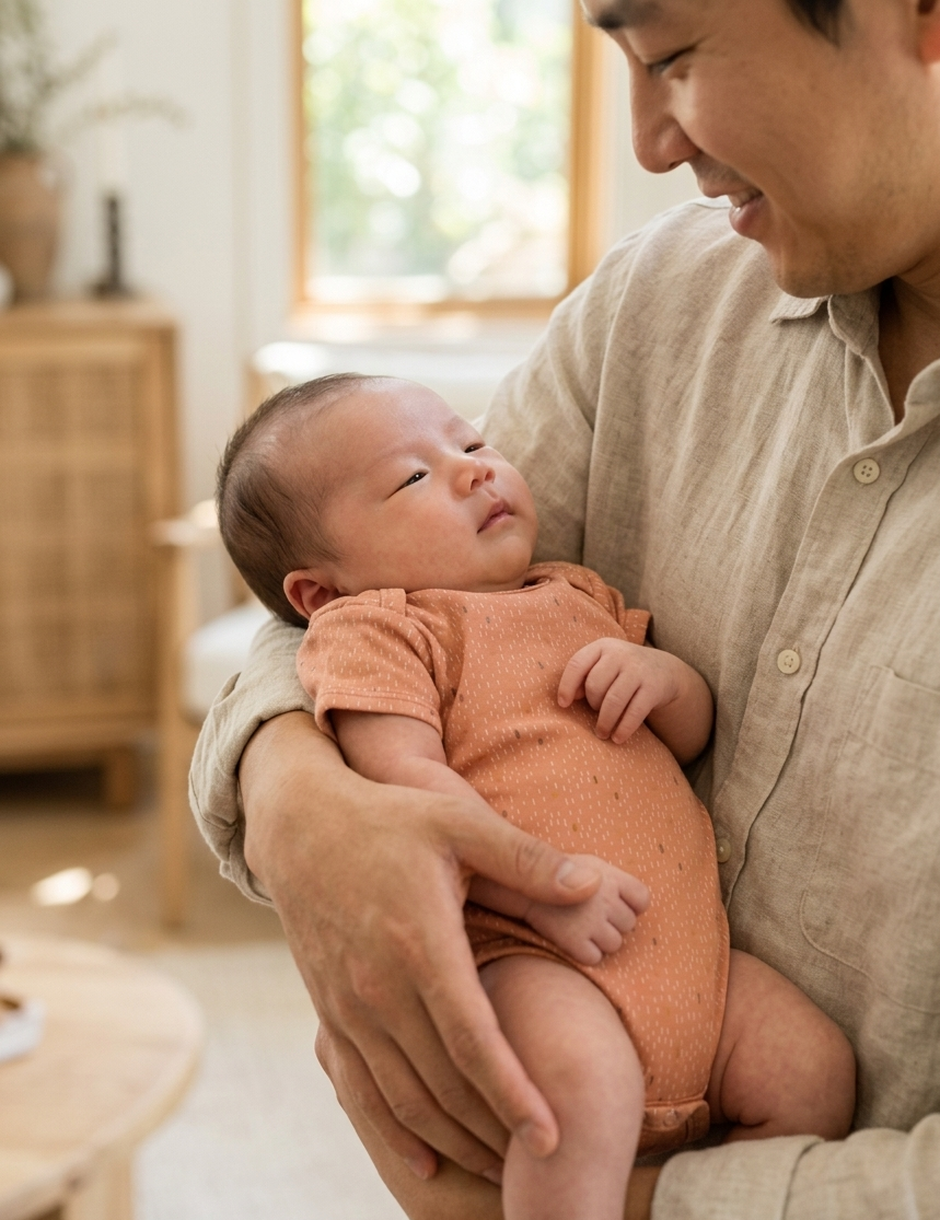 Man holding a baby in a warm, indoor setting