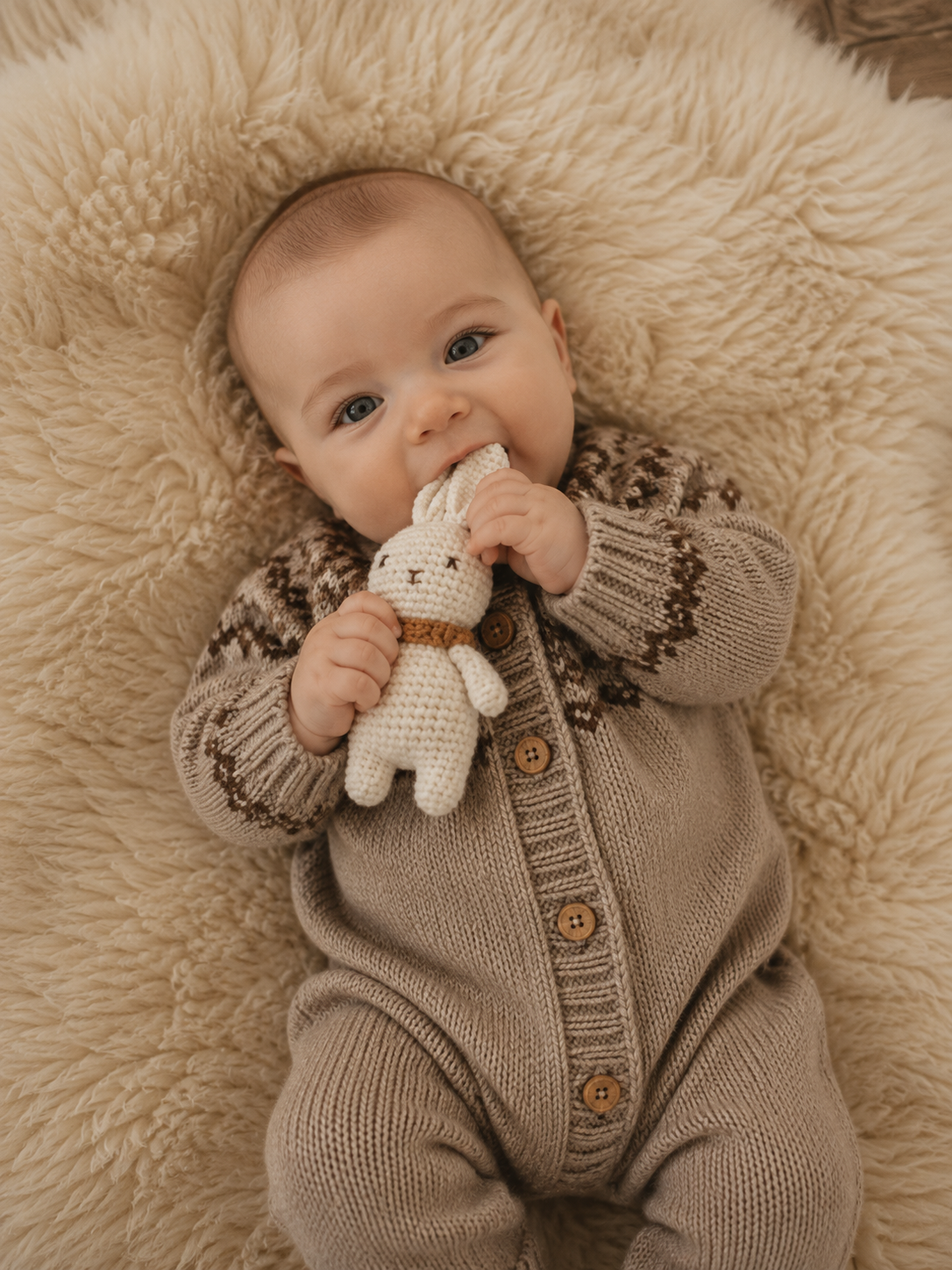 Baby holding and mouthing a handmade crochet bunny toy while lying on a cream blanket