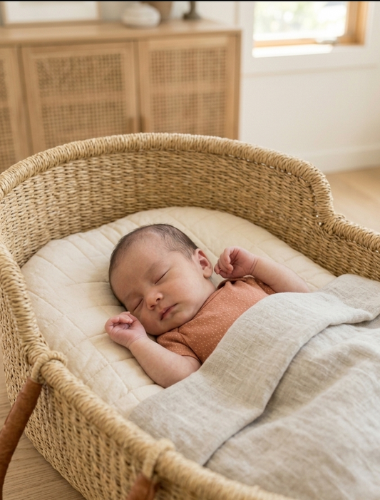 Newborn baby sleeping in a woven crib with a neutral color palette.