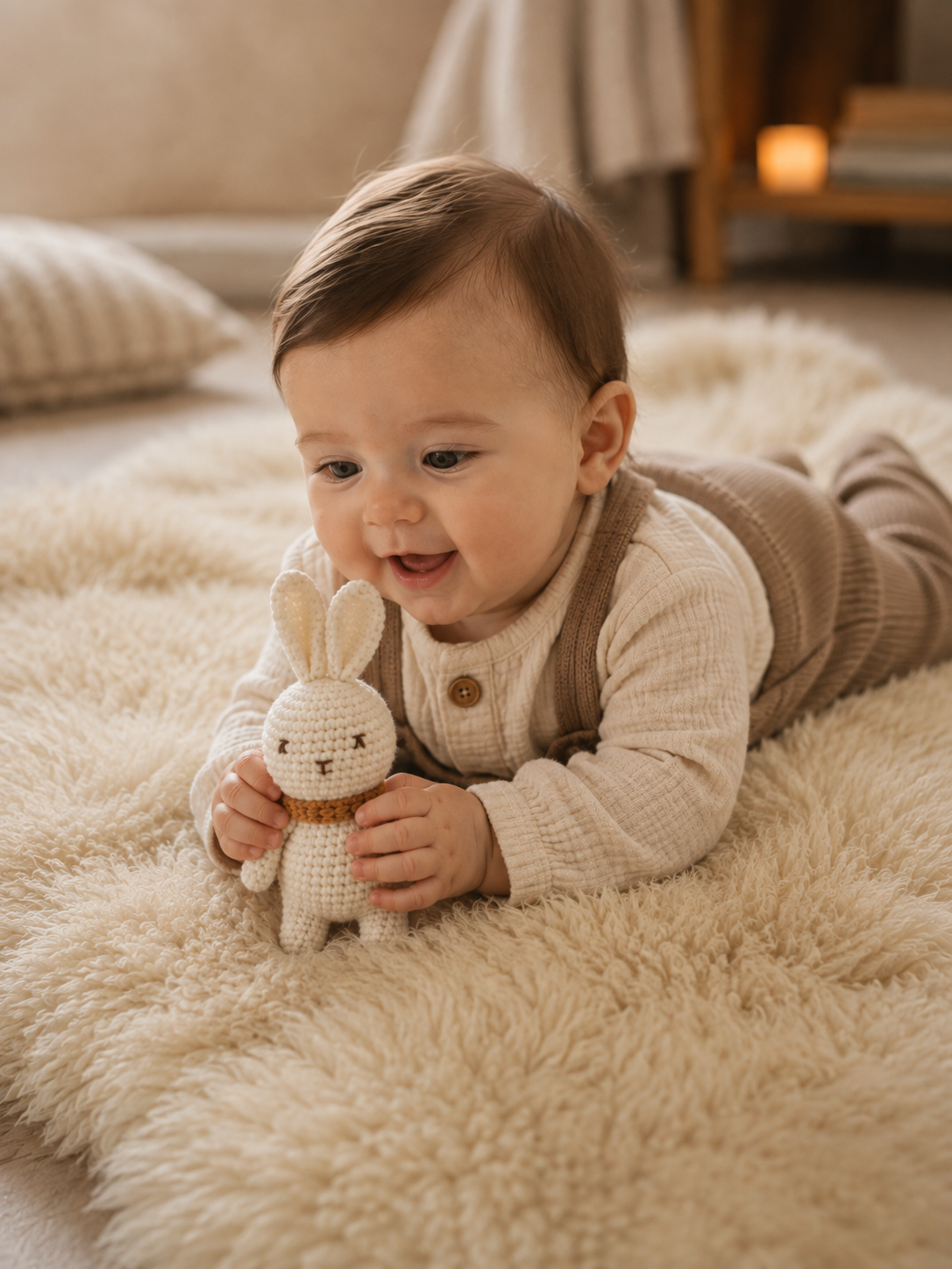 Baby playing with a handmade crochet bunny toy on a soft cream rug