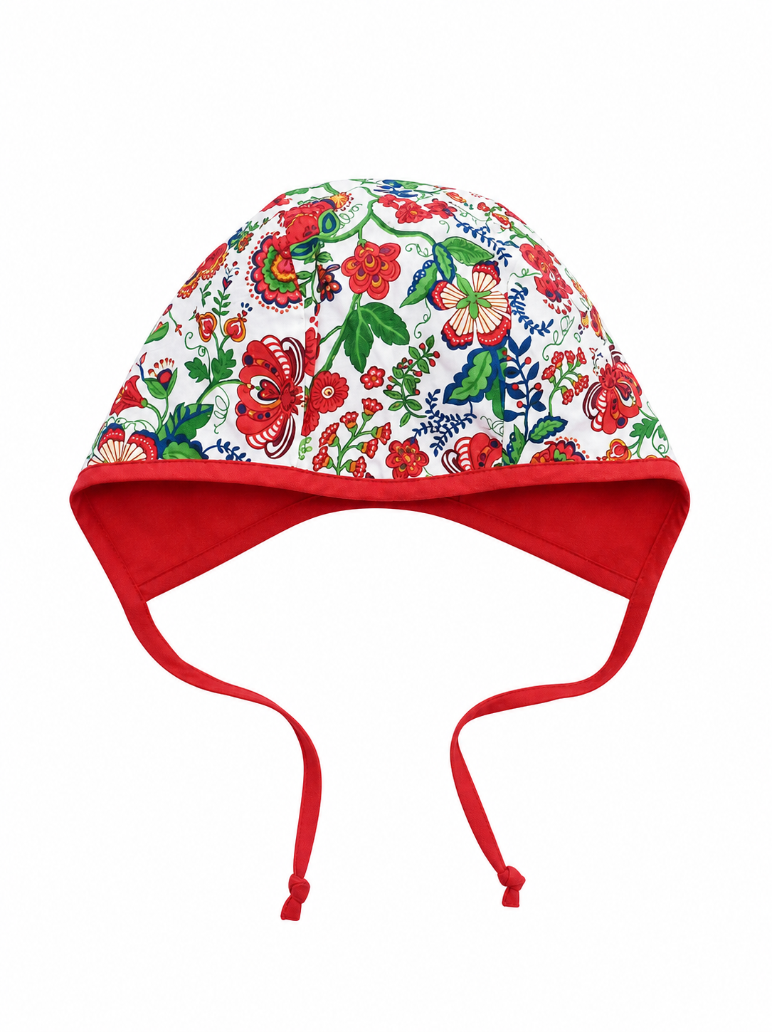 Floral-patterned baby hat with red trim on a white background