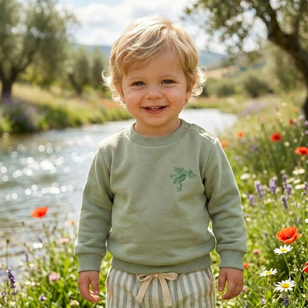 Child wearing a green sweater with a frog design in a natural setting with water and flowers.