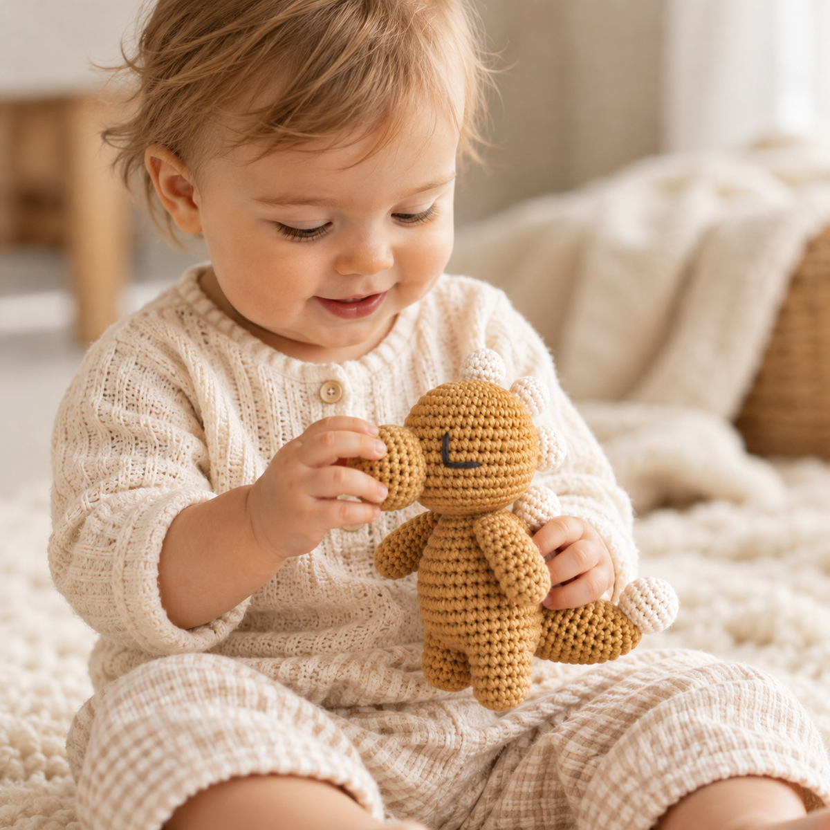 Baby holding a mustard-yellow hand-crocheted dinosaur toy