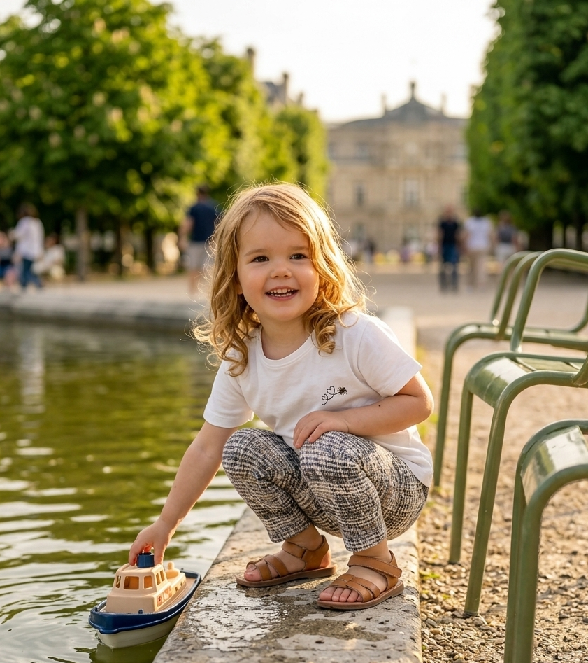 Child playing with a toy boat by a pond in a park