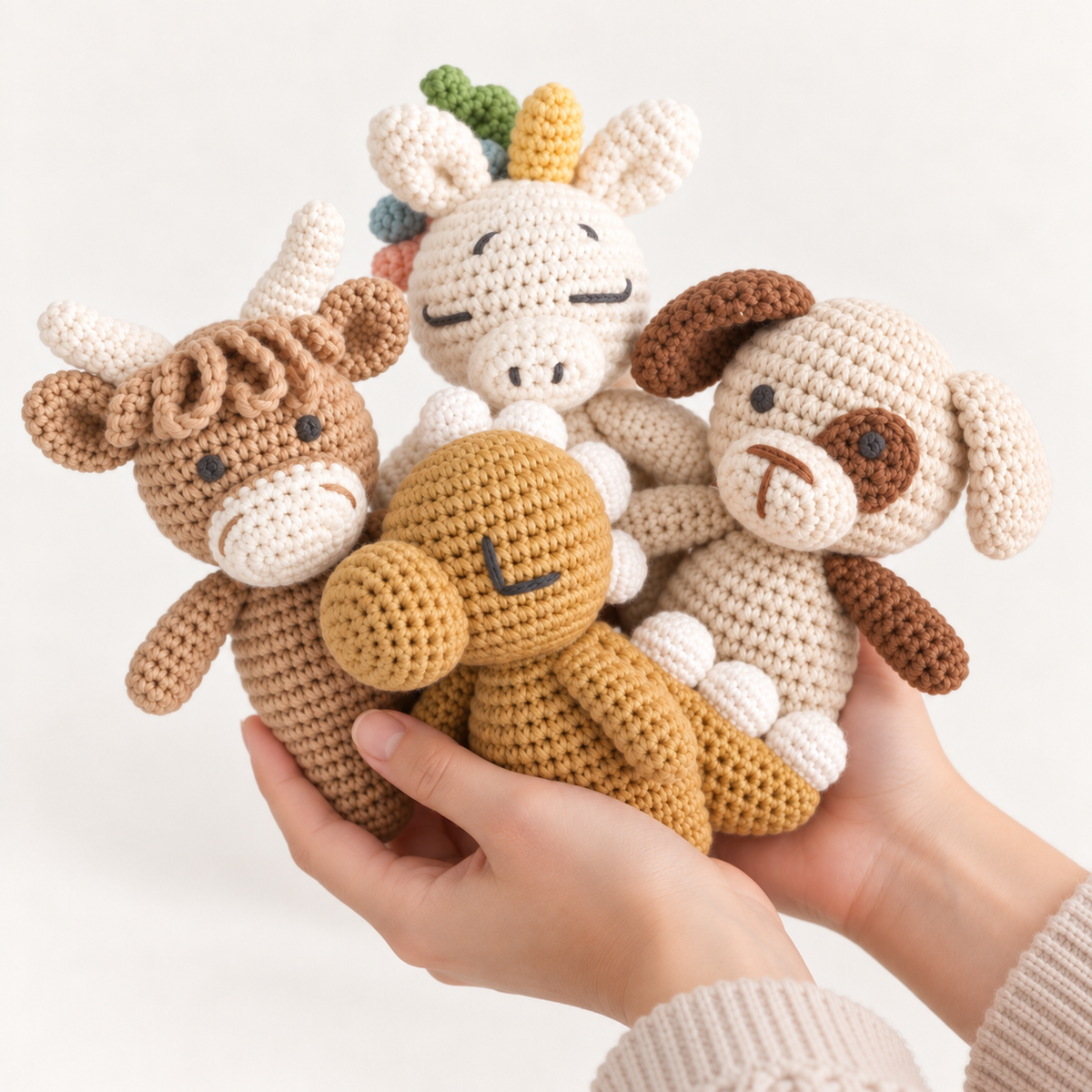 Four hand-crocheted animal toys featuring a dog, unicorn, cow and dinosaur