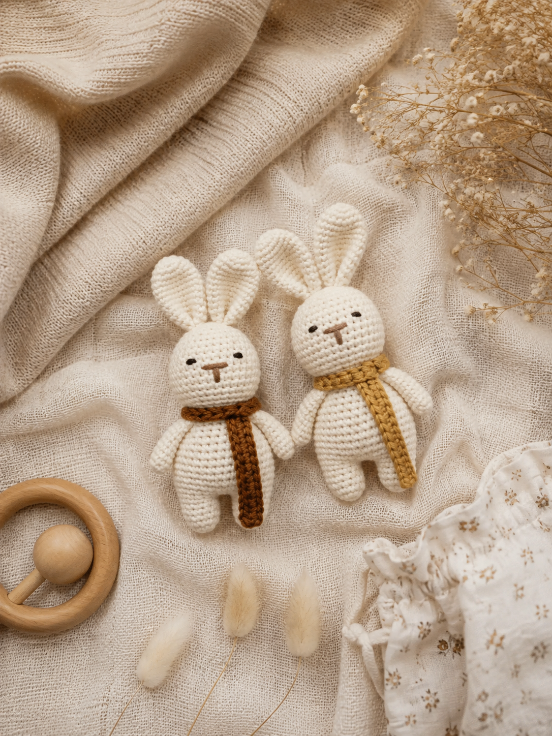 wo handmade crochet bunny toys with brown and mustard scarves on natural linen fabric