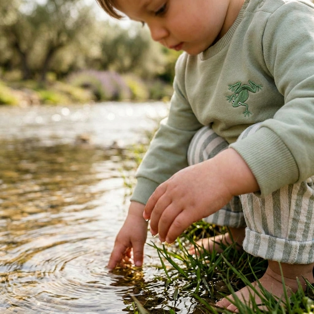 Child playing with water and plants by a stream