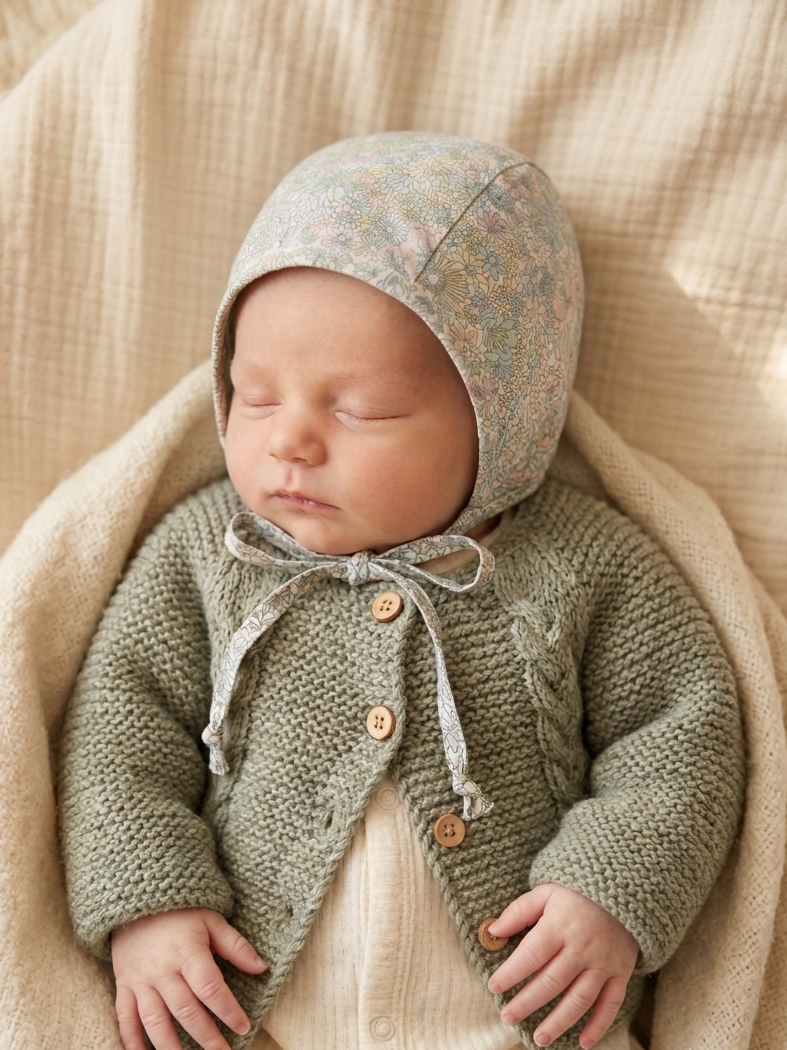 Newborn baby wearing a knitted cardigan and bonnet, wrapped in a beige blanket.