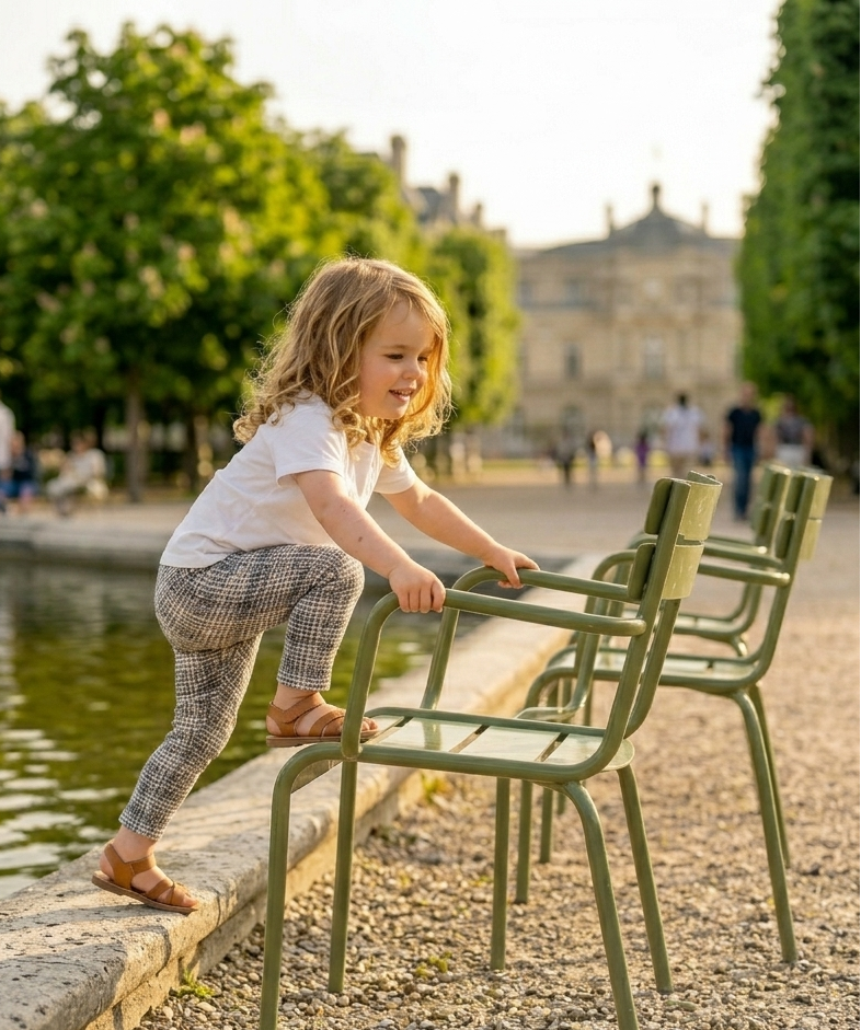 Child playing with green chairs by a pond in a park