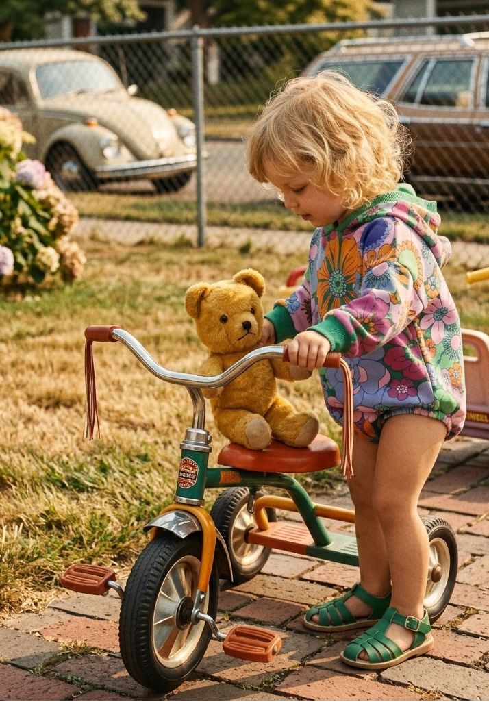 Child with a teddy bear on a tricycle in a residential area