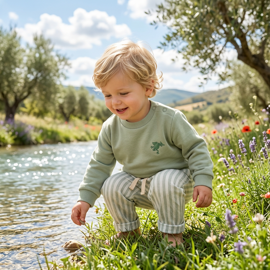 Child in a green sweater and striped pants standing by a stream with flowers and trees in the background
