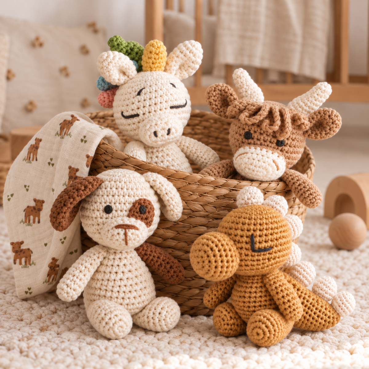 Four hand-crocheted animal toys, including a unicorn, dog, cow and dinosaur, arranged in a woven basket