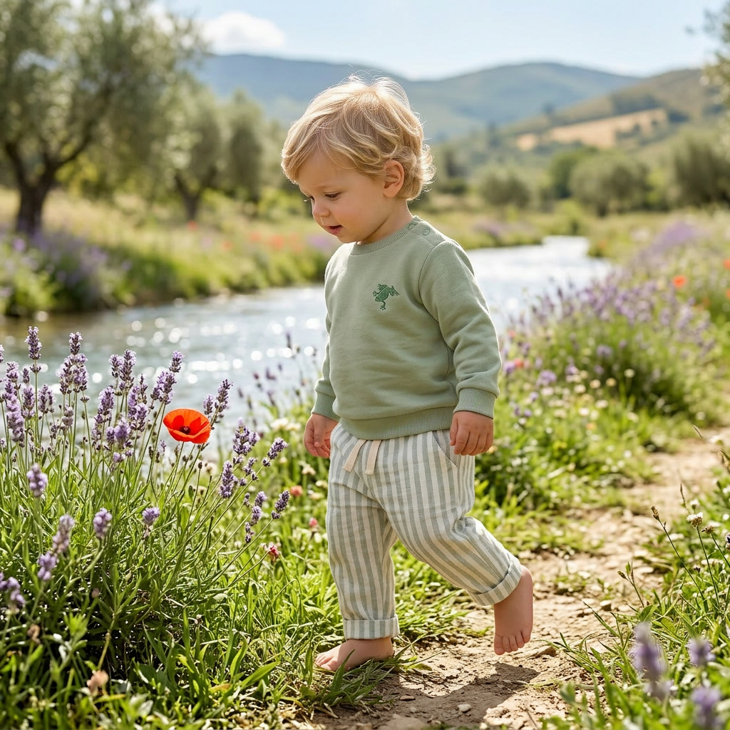 Child walking through a field of lavender and wildflowers with a scenic background