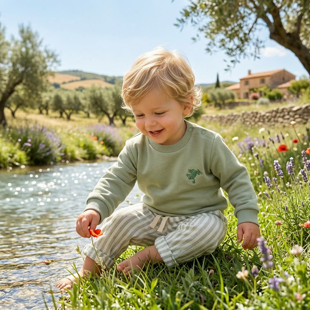 Child sitting by a stream in a scenic outdoor setting with greenery and flowers.