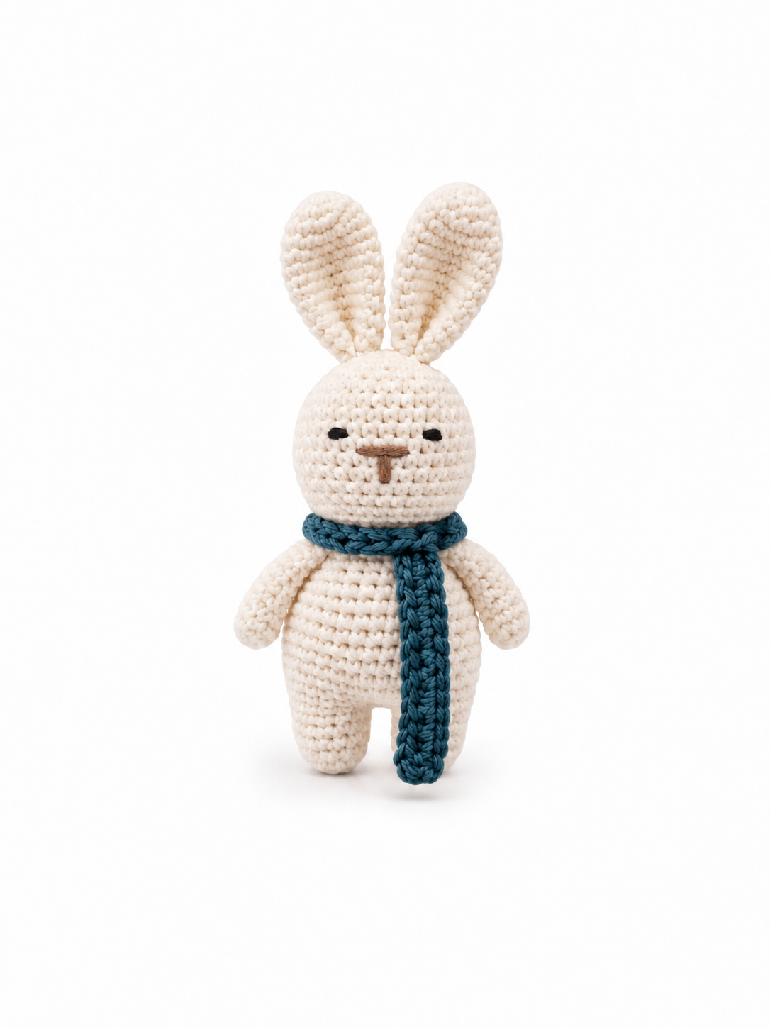 Handmade cream crochet bunny with a dark teal scarf