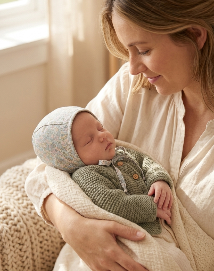 Woman holding a newborn baby wrapped in a blanket in a warm, softly lit room.
