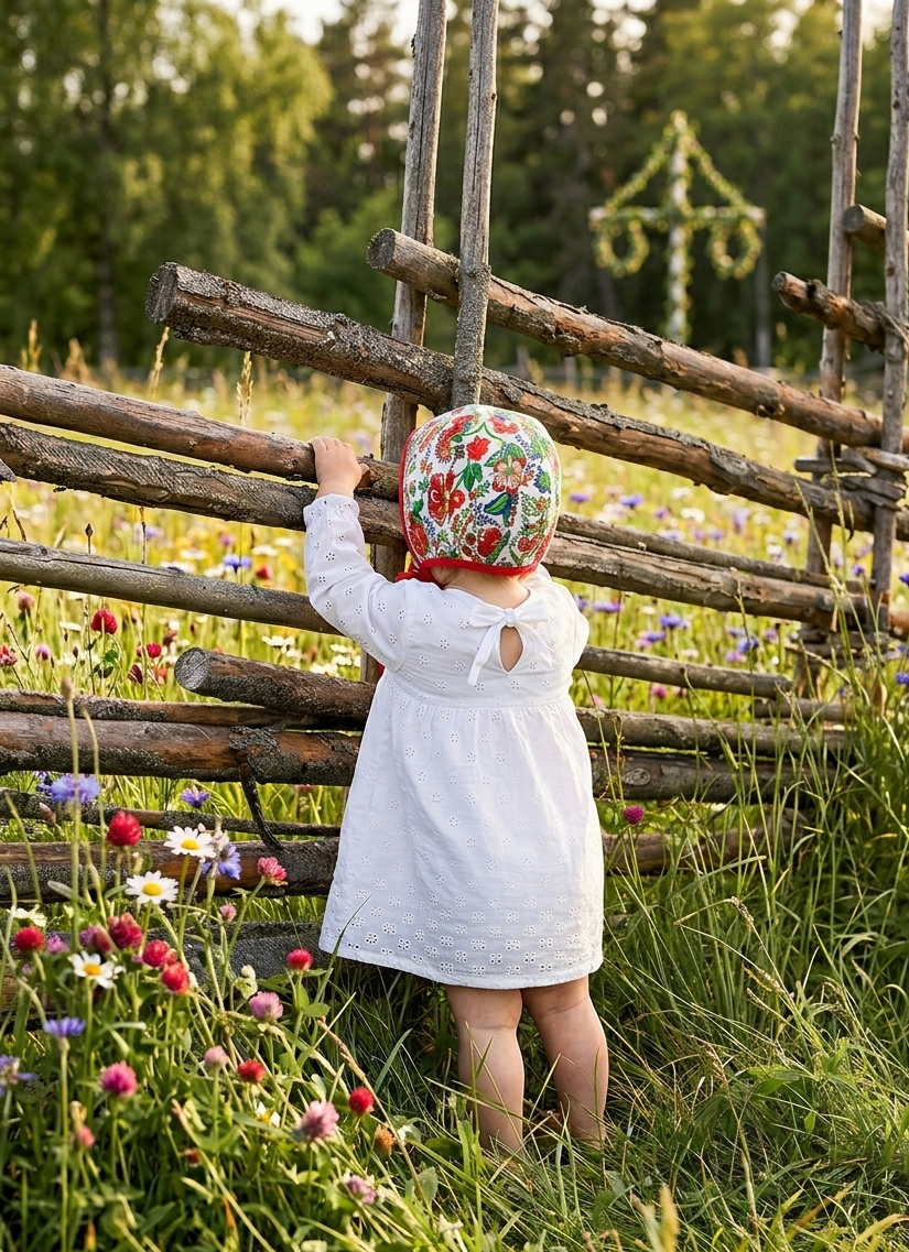 Child in a white coat and colorful helmet standing in a field with wildflowers and a wooden fence.