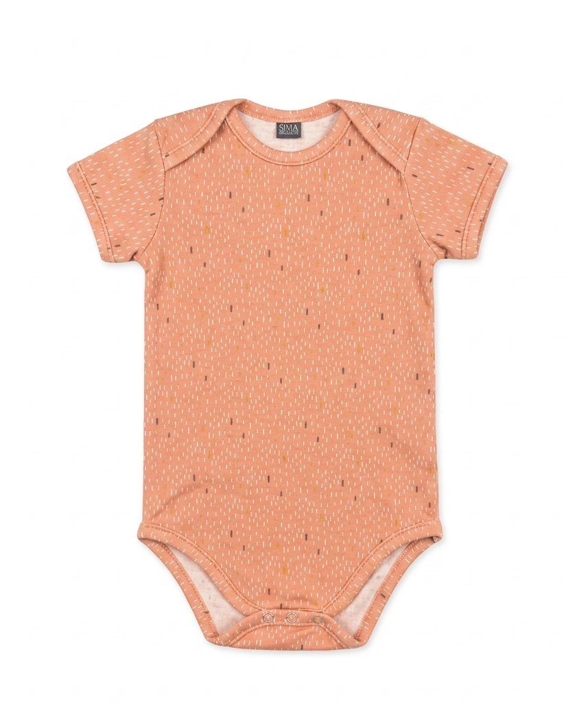 Peach-colored baby bodysuit with a subtle pattern on a white background