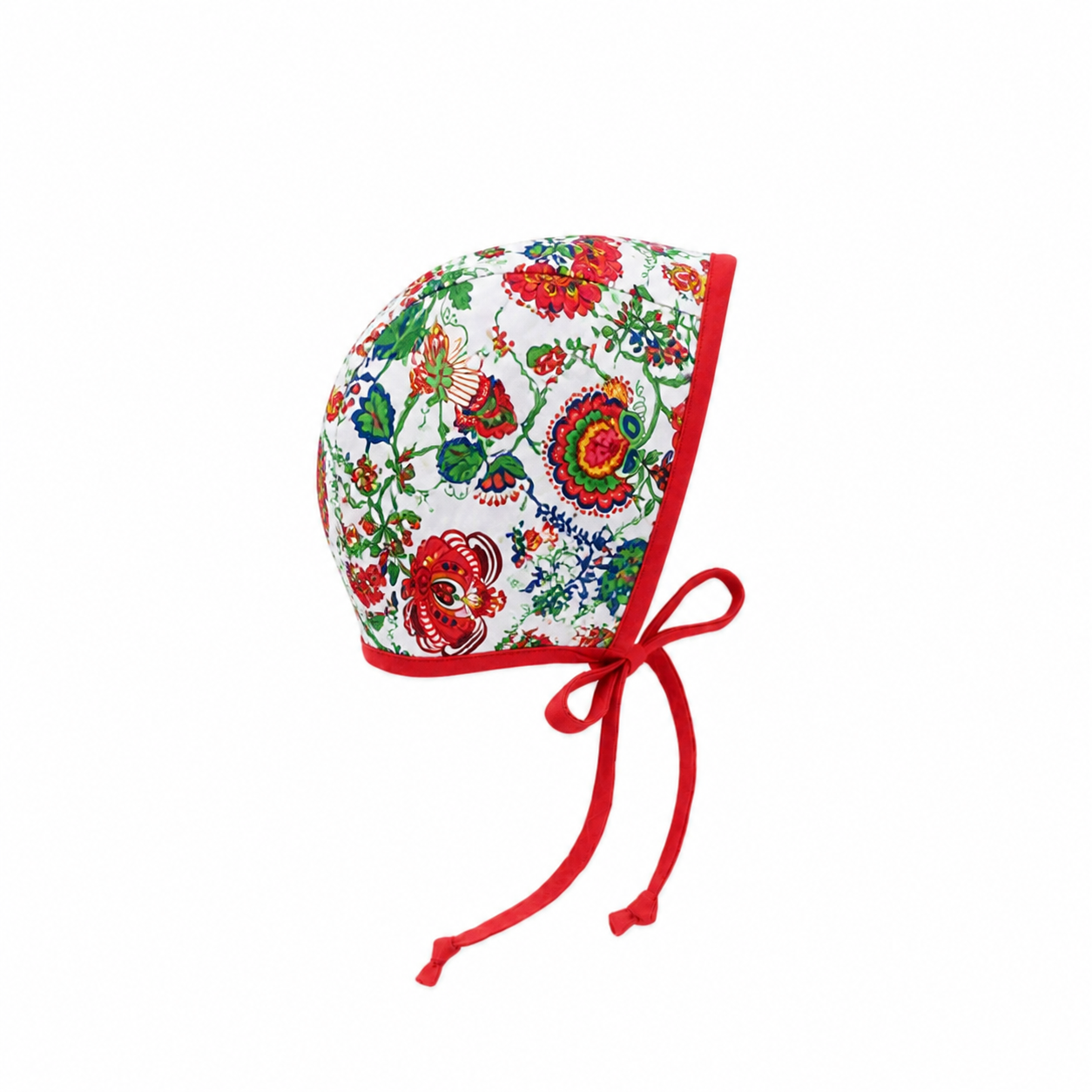 Floral baby bonnet with red trim on a white background