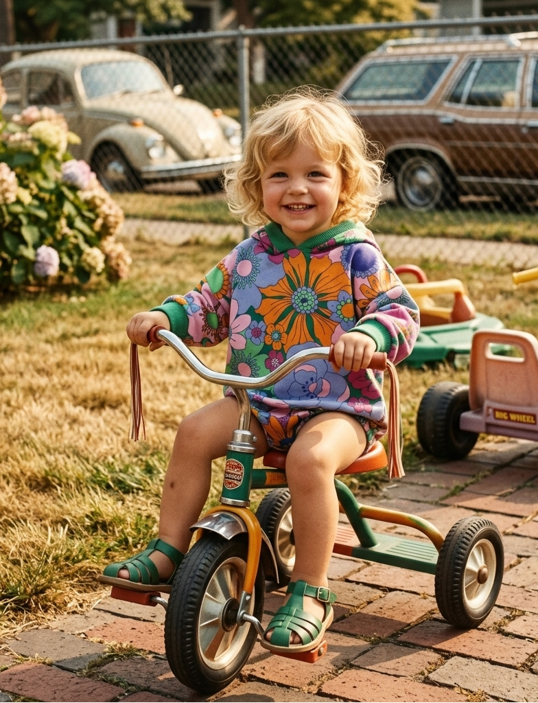 Child riding a tricycle on a brick path with vintage cars and flowers in the background