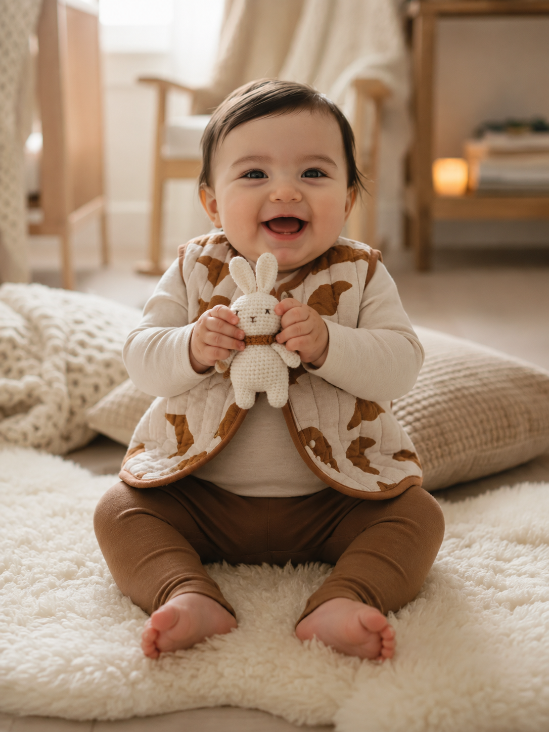 Baby sitting and holding a handmade ivory crochet bunny toy with a brown scarf