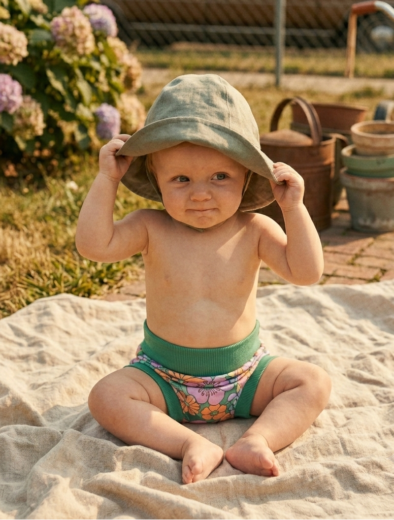 Child wearing a green hat and diaper sitting on a blanket outdoors.
