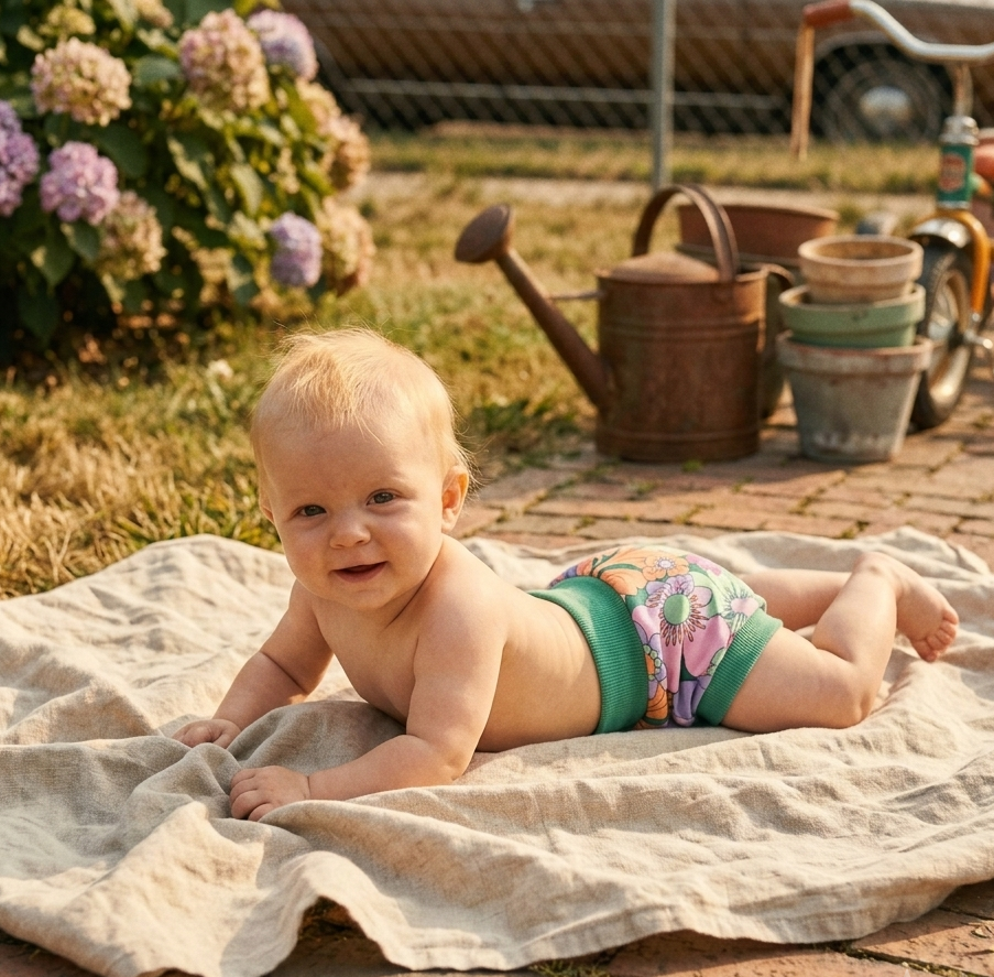 Baby lying on a blanket in a garden with flowers and pots in the background