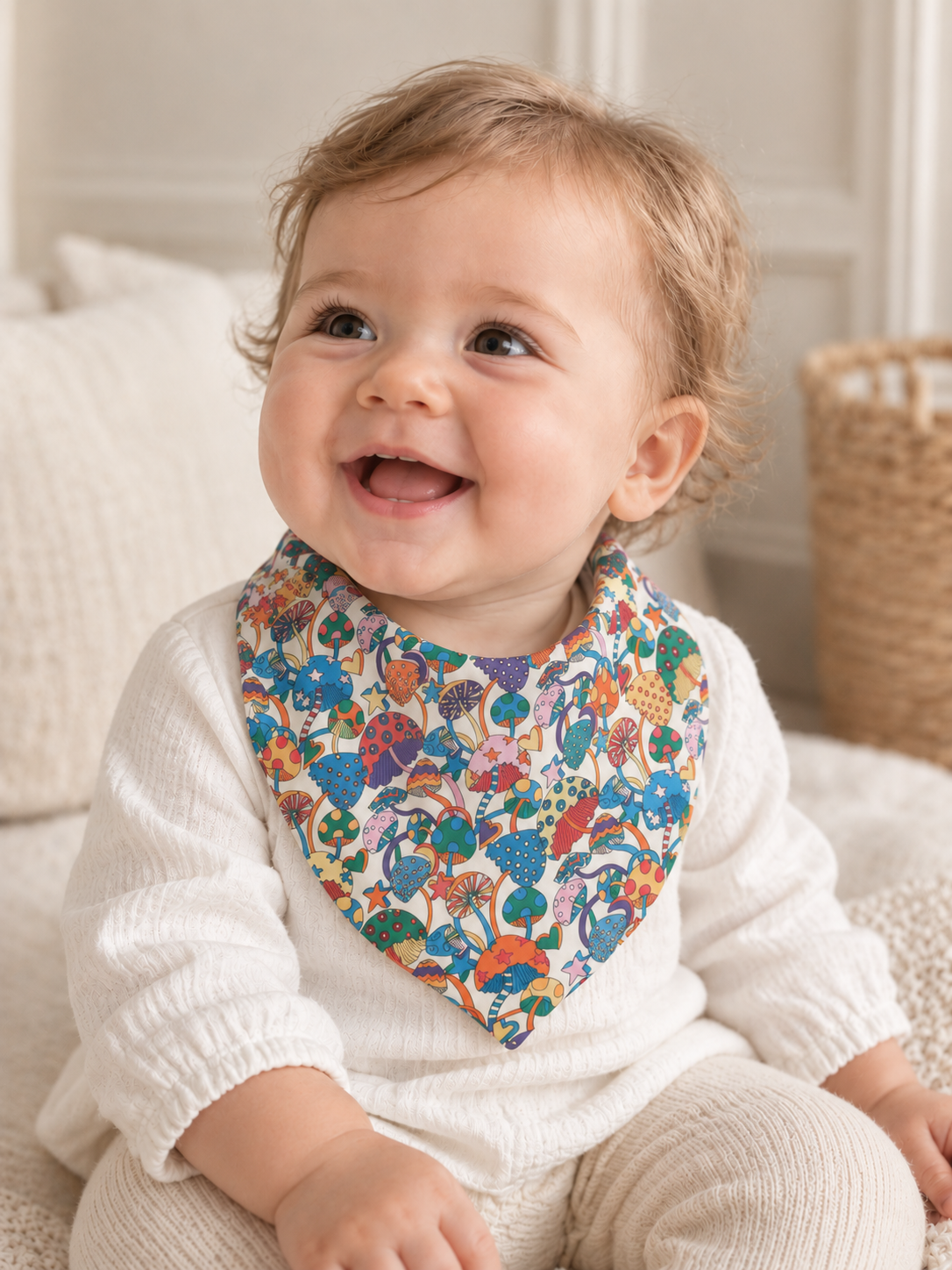 Baby wearing a colourful Liberty Magic cotton bib from SMÅ Sweden