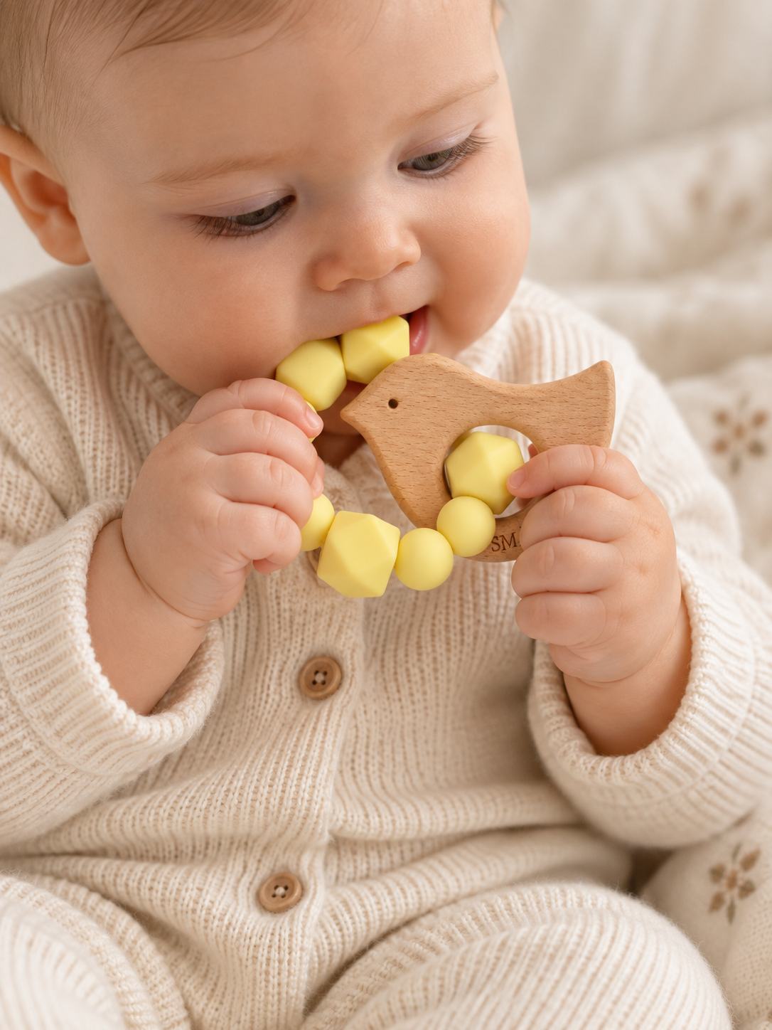 Baby holding and exploring the SMÅ Birdy Baby Teether with yellow silicone beads and beech wood