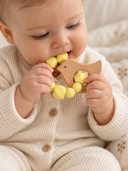 Baby holding and exploring the SMÅ Birdy Baby Teether with yellow silicone beads and beech wood