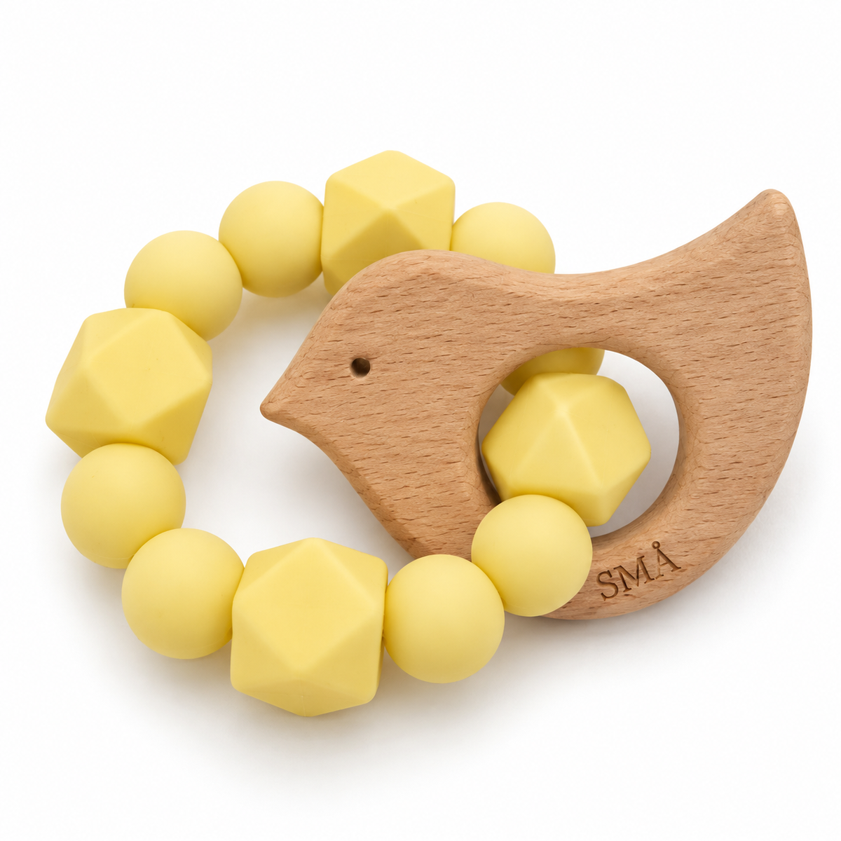 SMÅ Birdy Baby Teether in natural beech wood and yellow silicone on a white background