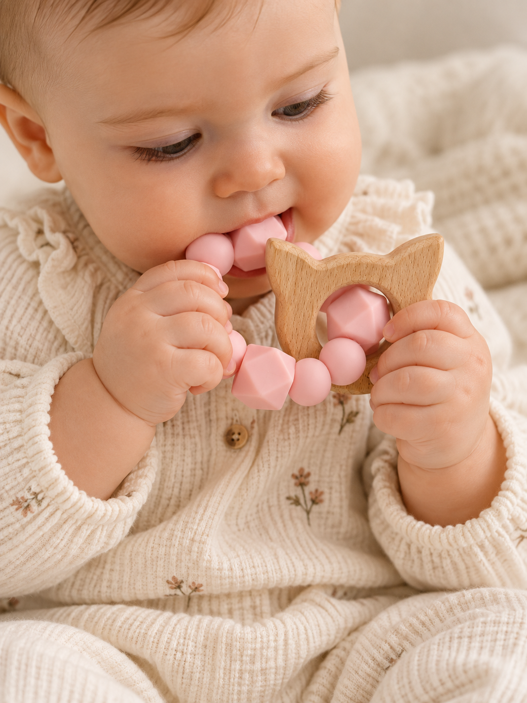 Baby holding the SMÅ Kitty Baby Teether with pink silicone beads and natural beech wood