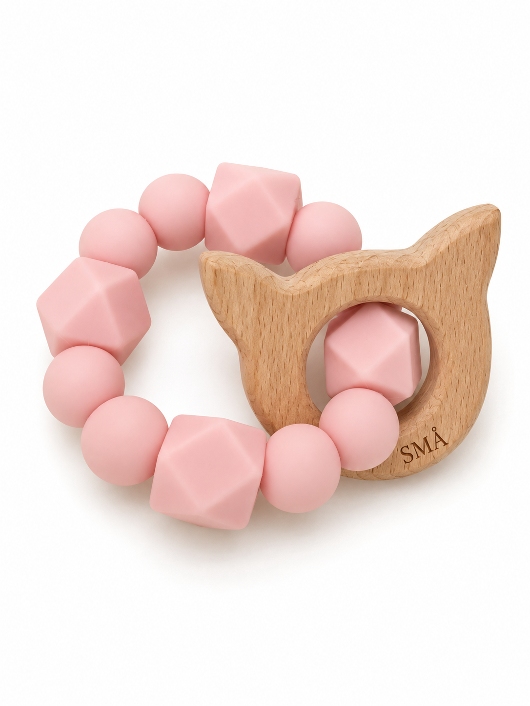 SMÅ Kitty Baby Teether with pink silicone beads and natural beech wood on a white background