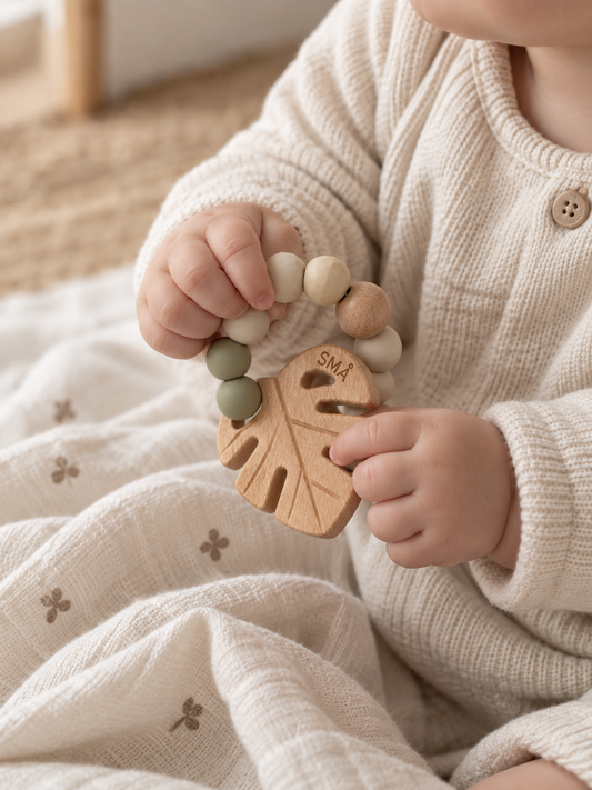 Baby holding the SMÅ Leaf Baby Teether with natural beech wood and sage green silicone beads
