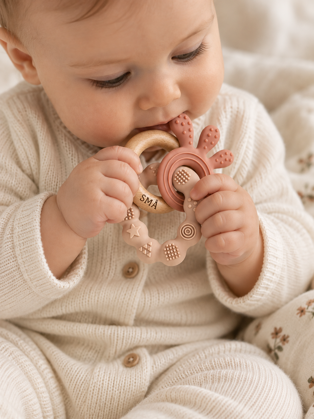 Baby holding and exploring the SMÅ Octopus Baby Teether with pink silicone and beech wood