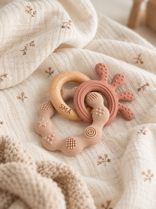 SMÅ Octopus Baby Teether in natural beech wood and pink silicone on floral muslin fabric