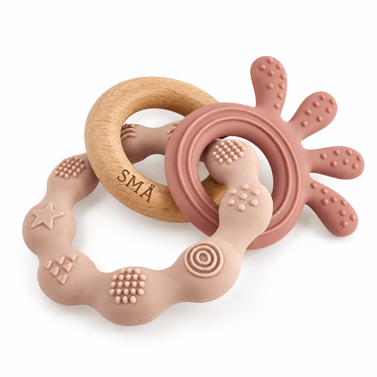 SMÅ Octopus Baby Teether with textured pink silicone and natural beech wood on a white background