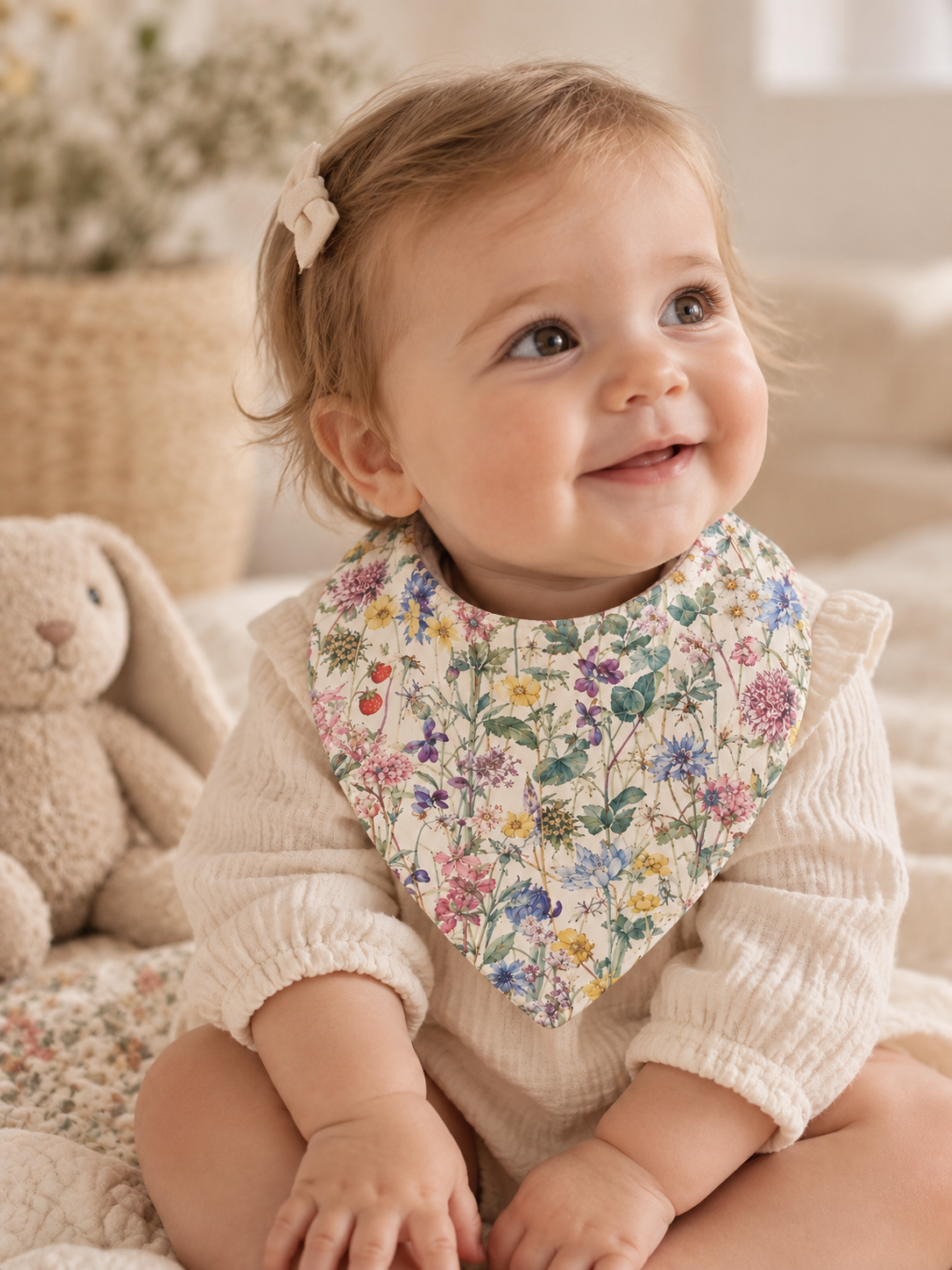 Baby girl wearing SMÅ Wild Flowers Liberty floral baby bib
